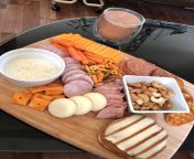 A child friendly charcuterie board with a side of choccy milk (for me, I am the child) from child sex